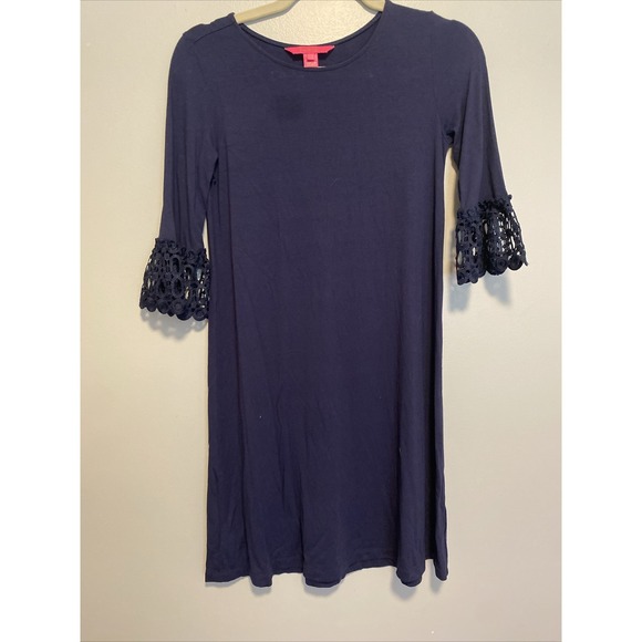 Lilly Pulitzer Dresses & Skirts - Lilly Pulitzer Ophelia Shift Dress Crochet Bell Sleeve Size XS Navy Blue Stretch